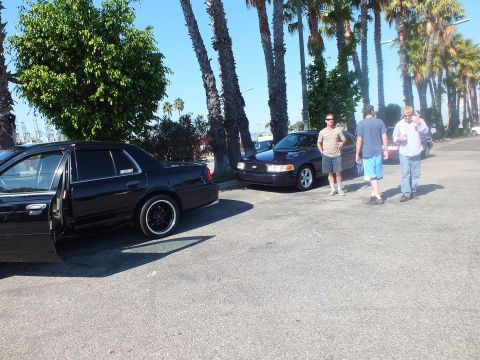 2003 Ford Crown Victoria - Black Crown Victoria with open door beside another Ford sedan as men converse in a palm lot