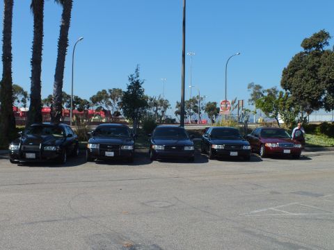 2003 Ford Crown Victoria - Five Ford sedans parked head-on with a person standing beside the maroon car.