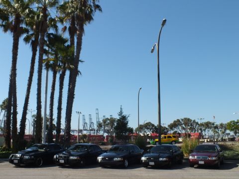 2003 Ford Crown Victoria - Sedan lineup viewed from the side, leaning streetlight pole and harbor gantry cranes across the background.