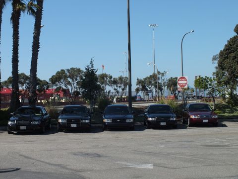 2003 Ford Crown Victoria - Sedan lineup front-on in a coastal lot, Do Not Enter sign and windsock near the harbor edge.