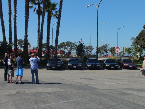 2003 Ford Crown Victoria - Spectators photograph a row of five sedans in a wide lot, light poles and harbor backdrop.
