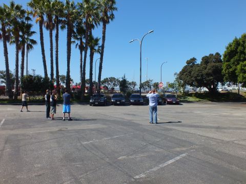 2003 Ford Crown Victoria - Several people spaced across a large paved lot, a row of sedans parked far off under palms and trees.