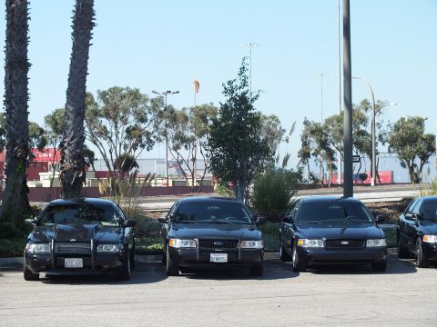 2003 Ford Crown Victoria - Black Crown Victoria sedans parked nose-out, Ford oval grille badges and harbor windsock visible.