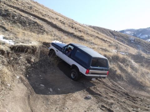 1994 Ford Bronco - A two-tone 1994 Ford Bronco navigates a steep, dry, grassy hillside off-road.