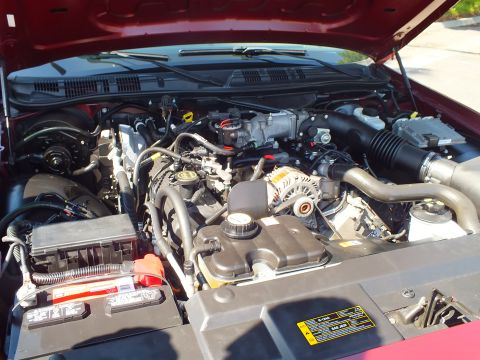 2003 Ford Crown Victoria - Under-hood view of a Ford modular V8 showing the alternator, battery and emissions decal.