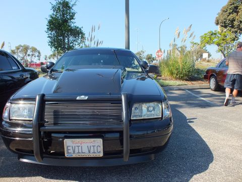2003 Ford Crown Victoria - Head-on shot of a black Crown Victoria with push bumper and California EVIL VIC plate.