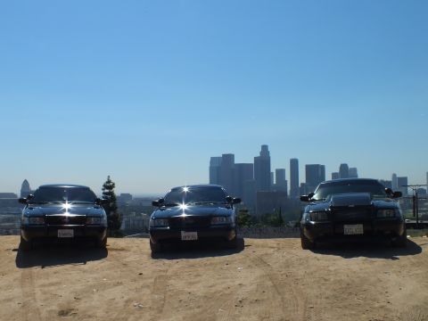 2003 Ford Crown Victoria - Front view of three black sedans parked on dirt above the city skyline