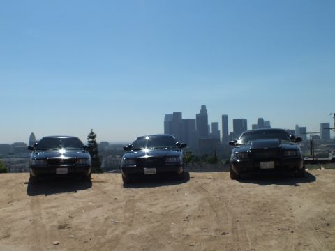2003 Ford Crown Victoria - Front-facing trio of black sedans parked on bare dirt before the city