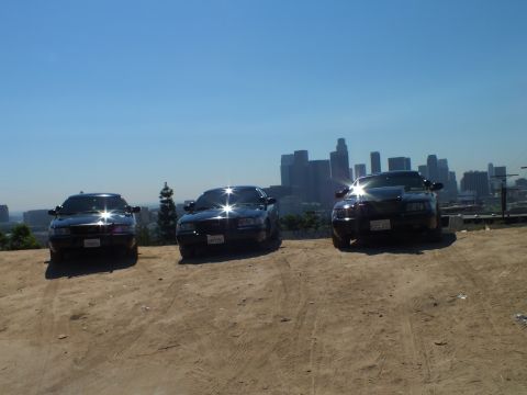 2003 Ford Crown Victoria - Black sedans lined up on bare dirt before the distant city skyline