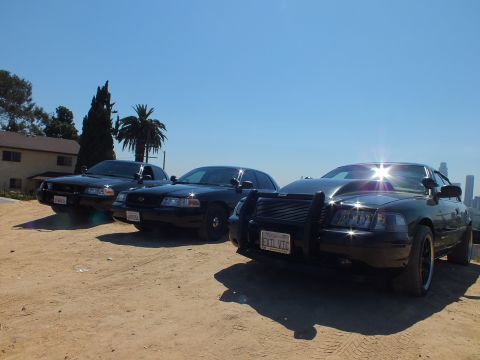 2003 Ford Crown Victoria - Row of three black Ford sedans on a dirt overlook, lead car has a grille guard and EVIL VTC plate