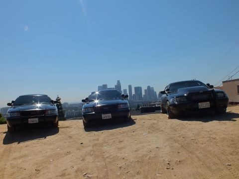 2003 Ford Crown Victoria - Front-on trio of black Ford sedans on a dirt overlook, downtown towers centered in the hazy distance