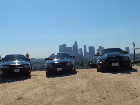 2003 Ford Crown Victoria - Three black sedans line a dirt overlook with the LA skyline behind; right car fitted with a brush guard.