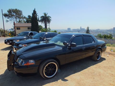 2003 Ford Crown Victoria - Black Crown Victoria with brush guard parked at a hillside lot among other black sedans, palms and LA beyond.