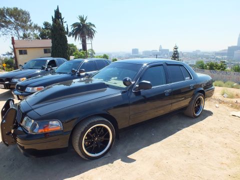 2003 Ford Crown Victoria - Side-front of a black Crown Victoria with push bar and black wheels; palms and the LA skyline behind.
