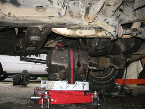 1981 Ford Bronco - Getting the transmission into place to go up. I didn't want to mess with the crossmember (they're REALLY well bolted on on Ford trucks), so…