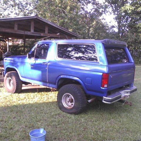 1985 Ford Bronco - This blue Ford Bronco is parked on a grassy area near a wooden shelter.