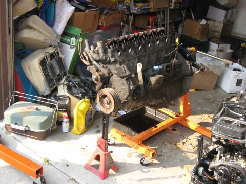 1981 Ford Bronco - V8 engine on an engine stand in a garage, surrounded by various items and parts.