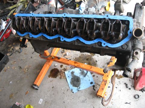 1981 Ford Bronco - Close-up view of an engine block on a stand, with a new blue gasket installed around the valve train.
