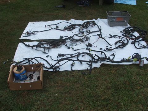 1966 Ford Ranchero - Vehicle wiring harnesses are spread out on a tarp, ready for organization or installation.