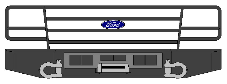 Black steel Ford front bumper with brush guard, blue Ford oval, and D-ring shackles
