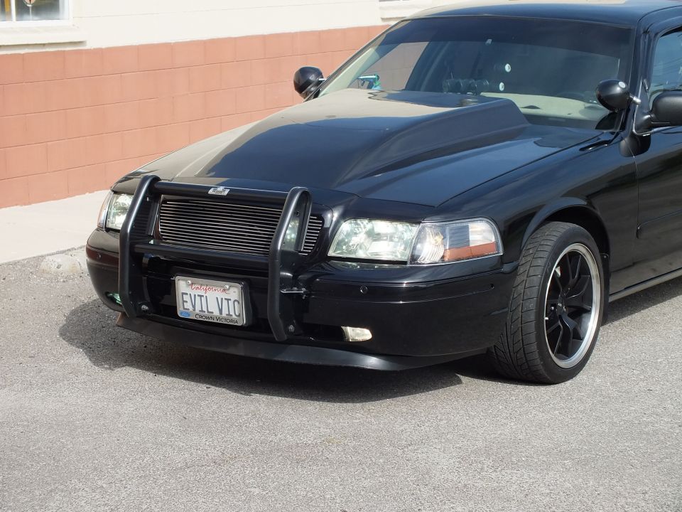 Black Crown Victoria front, push-bar guard, billet grille, EVIL VIC front plate