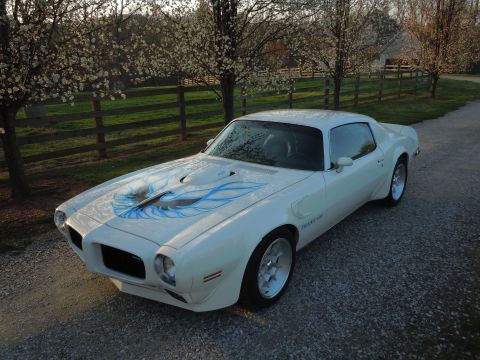 1973 Chevrolet Camaro - A white 1977 Pontiac Firebird Trans Am with iconic blue flame decals on the hood sits parked on a gravel driveway.