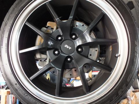 2003 Ford Crown Victoria - Close-up of an aftermarket alloy wheel branded SVT on the center cap, with visible disc brake rotor behind the spokes.