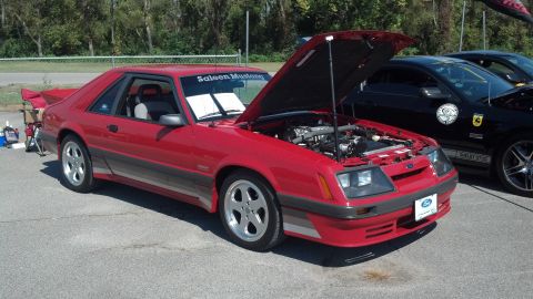 2007 Ford Mustang - Red Saleen Mustang from the 1980s is displayed at a car show next to a black Shelby GT500.