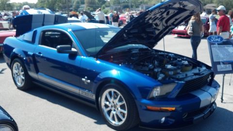 2007 Ford Mustang - A blue 2007 Ford Mustang GT500 is displayed with its hood open at a car show, alongside other vehicles and attendees.