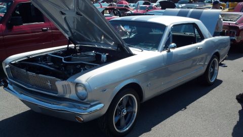 2007 Ford Mustang - A classic silver Mustang is displayed with its hood open at an outdoor car show.