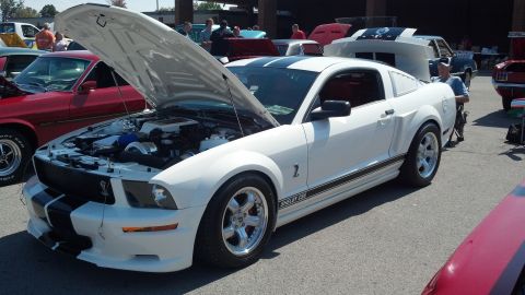 2007 Ford Mustang - A white 2007 Ford Mustang Shelby GT500 is displayed with its hood open at a car show.