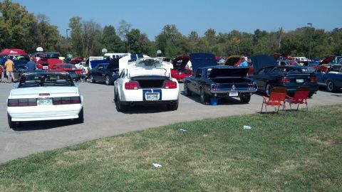 2007 Ford Mustang - A white 2007 Ford Mustang convertible with blue racing stripes is parked at a car show.