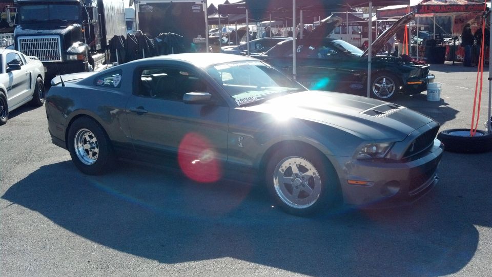 Gray Ford Mustang with racing wheels and a cobra emblem on the fender. Another Mustang is visible behind it