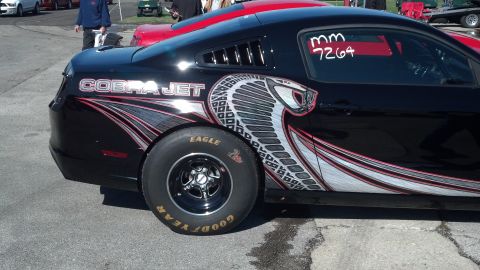 2007 Ford Mustang - A black Ford Mustang Cobra Jet with a large snake graphic on its side and racing tires is parked next to another vehicle.