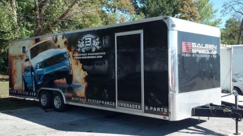 2007 Ford Mustang - This trailer is branded with Saleen Speedlab and advertises Mustang performance upgrades and parts.