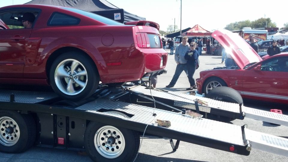 red Ford Mustang on car hauler, another red Mustang with hood up in background