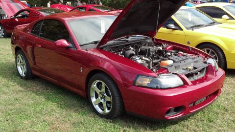 2007 Ford Mustang - A red Ford Mustang with its hood open is parked on grass next to a yellow Ford Mustang.