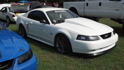 2007 Ford Mustang - A white Ford Mustang GT is parked on grass next to a blue Mustang and a white pickup truck.