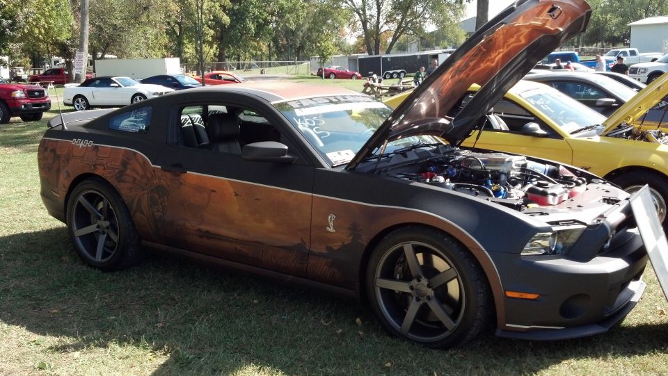Black Ford Mustang with custom desert landscape paint and cobra emblem