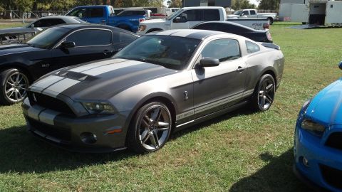 2007 Ford Mustang - A gray 2007 Ford Mustang GT500 with racing stripes is parked on grass next to other vehicles.