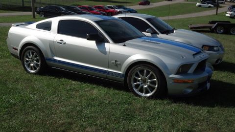 2007 Ford Mustang - A silver 2007 Ford Mustang GT500 with blue racing stripes is parked on grass next to another car.