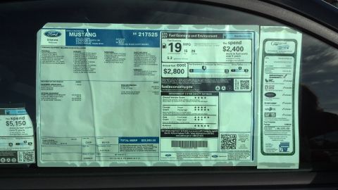 2007 Ford Mustang - Mustang window sticker (Monroney label) listing MSRP, fuel-economy ratings, options, and safety ratings.