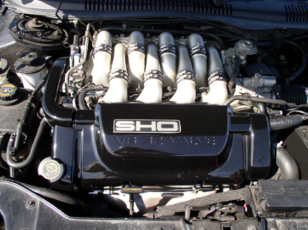 Ford SHO V8 32-valve engine with white powder-coated intake runners under the hood