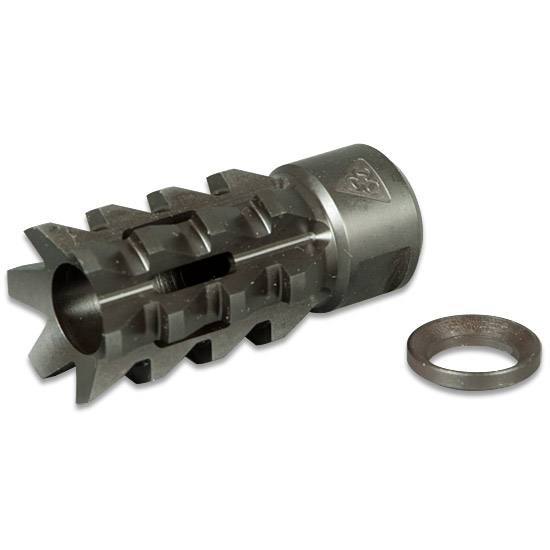 Metal muzzle brake with aggressive teeth and a separate washer, isolated on a white background