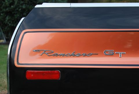 1975 Ford Ranchero - Close-up of the 'Ranchero GT' badge on the rear of a 1975 Ford Ranchero.