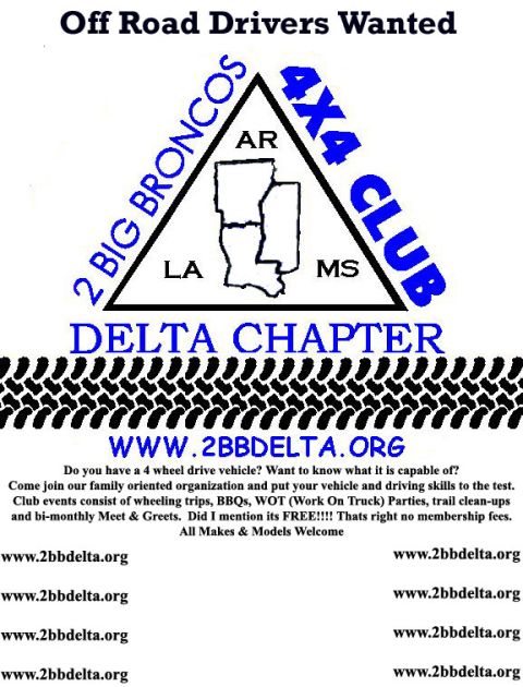 1986 Ford Bronco - This document is an advertisement for the 2 Big Broncos 4x4 Club Delta Chapter, seeking new members.