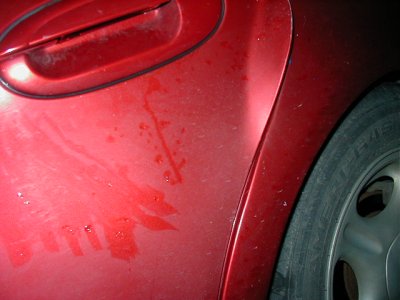 1997 Ford Taurus - Close-up of a red car's side panel and tire shows water stains and dust.