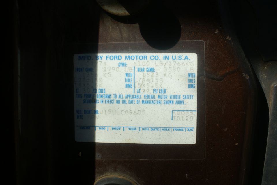 1978 Ford Motor Co. U.S.A. safety certification label with GVWR, GAWR and tire data