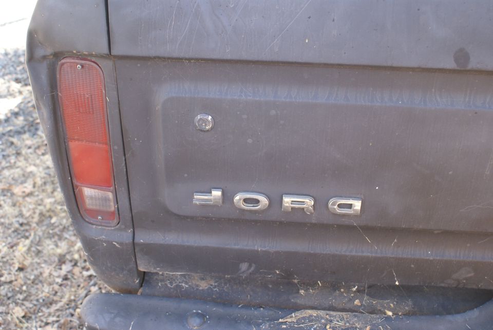 Rear of a 1978 Ford Bronco showing the tailgate with 'FORD' lettering and a taillight