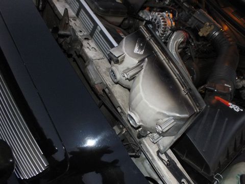 2003 Ford Crown Victoria - Overhead look at the aluminum intake manifold and accessory belt area inside the Crown Victoria engine bay